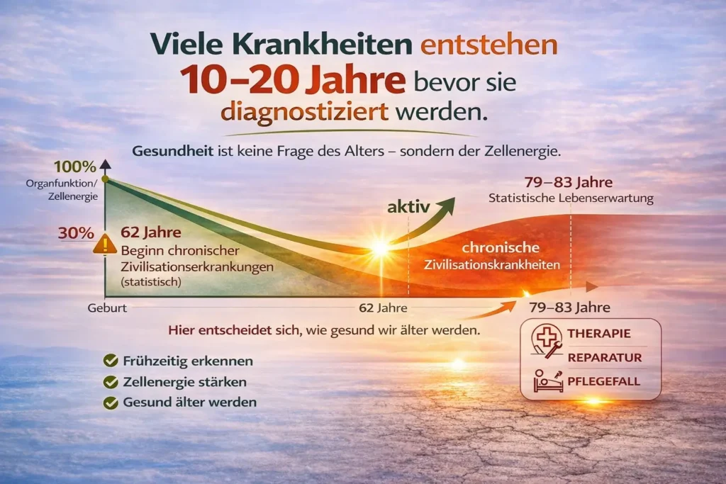 Diagramm zur Entstehung von Krankheiten im Alter durch Faktoren wie Ernährung, Bewegungsmangel und Stress