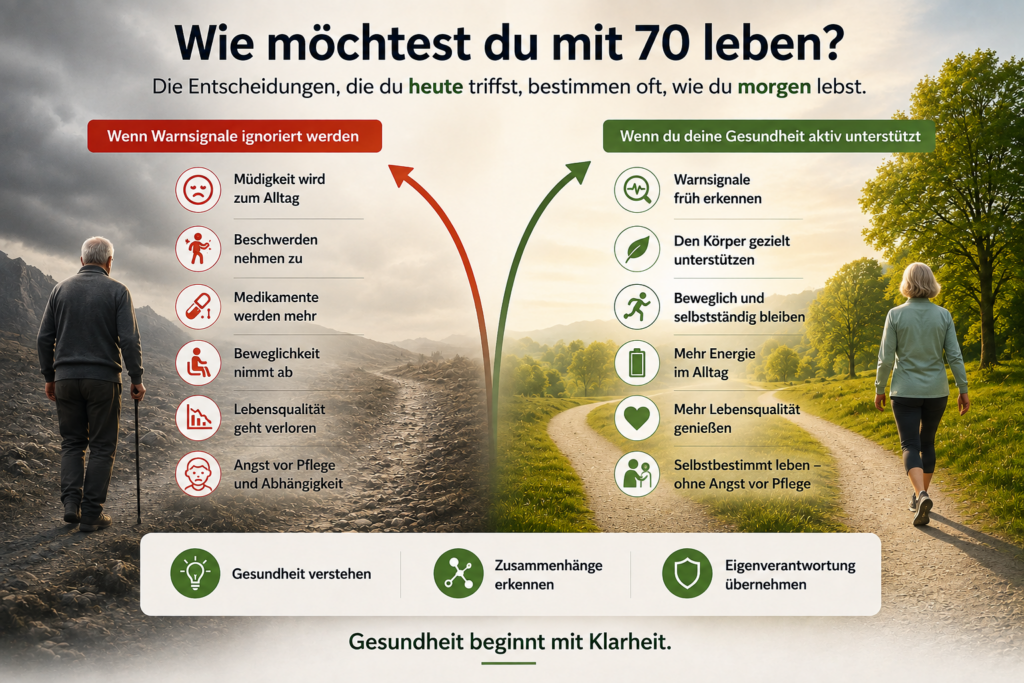 Diagramm erklärt Zusammenhang zwischen Alter, Lebensstil und häufigen Krankheiten wie Herz-Kreislauf-Erkrankungen und Diabetes