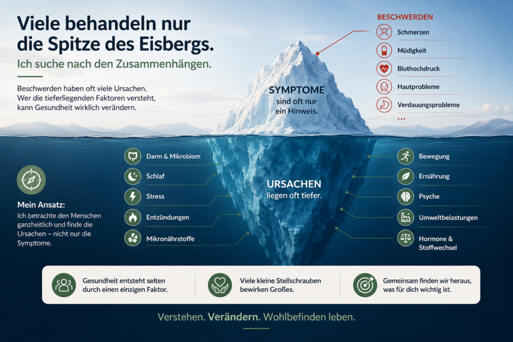 Diagramm zur Entstehung von Krankheiten im Alter durch Faktoren wie Ernährung, Bewegungsmangel und Stress