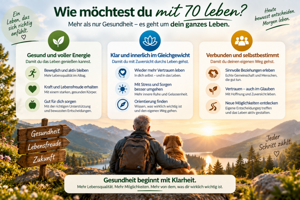 Diagramm erklärt Zusammenhang zwischen Alter, Lebensstil und häufigen Krankheiten wie Herz-Kreislauf-Erkrankungen und Diabetes